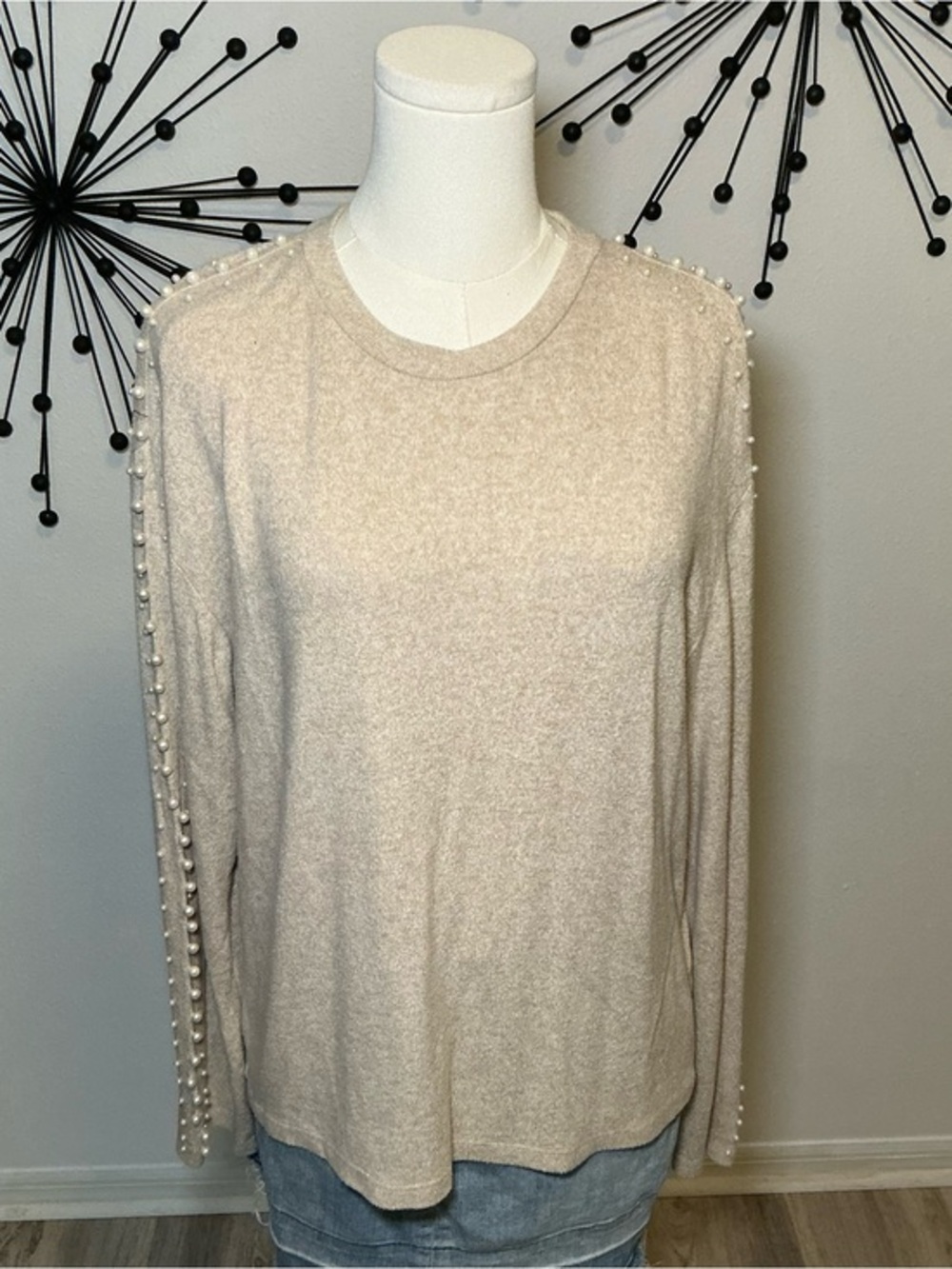 H&M Pearl Sleeve Knit Sweater Beige Long Sleeve Top Small